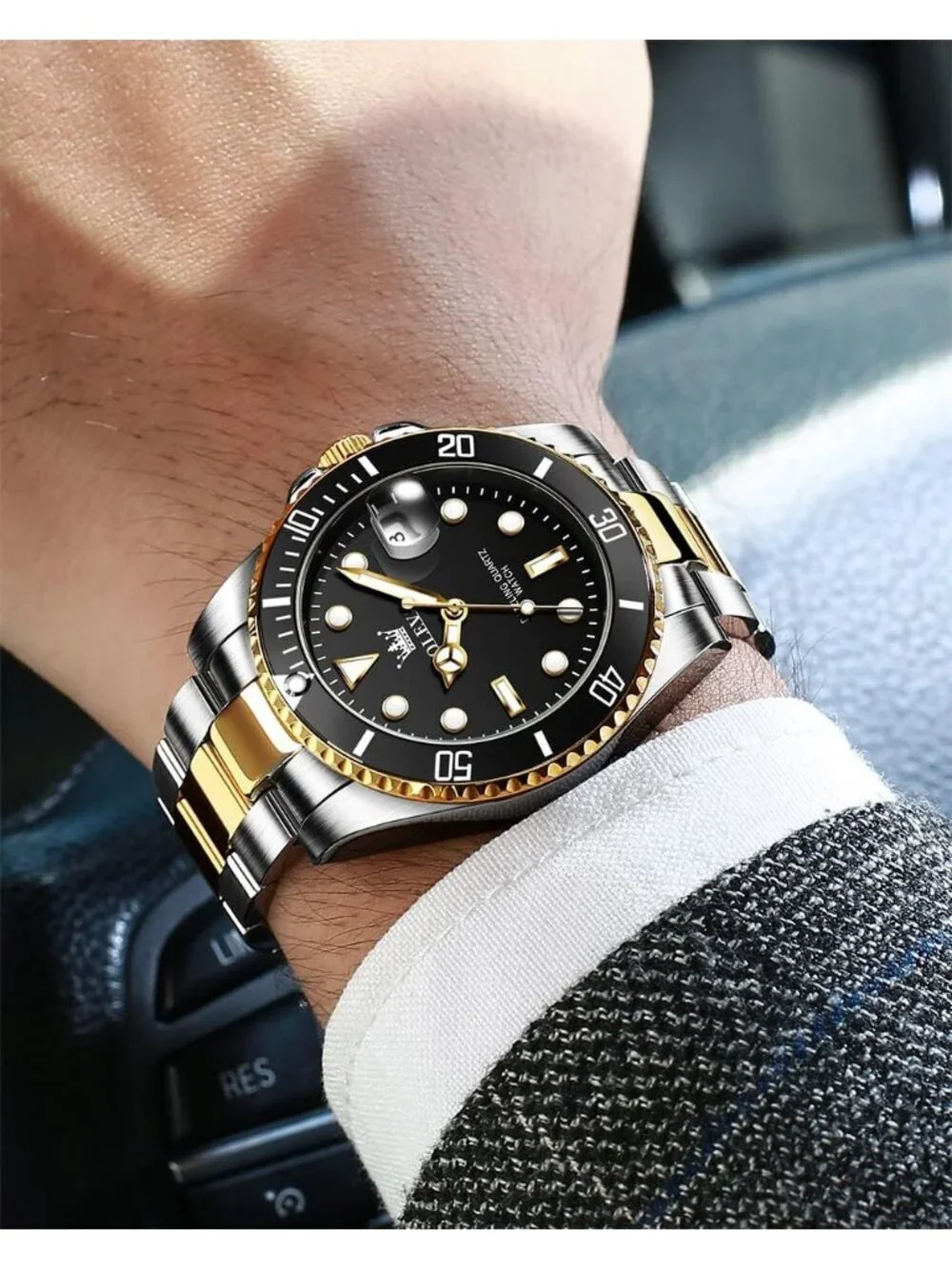 Mens Black Premium Gold and Silver Stainless Analog Rotatable Bezel Steel Watch